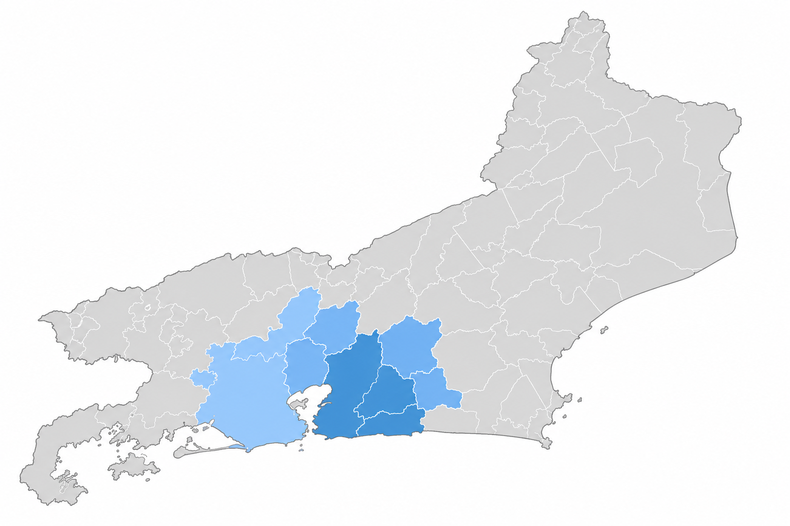 Mapa do estado do Rio de Janeiro com regiões de atendimento destacadas